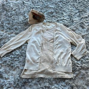 Beige cardigan with white and tan striped sequin button down tank top
